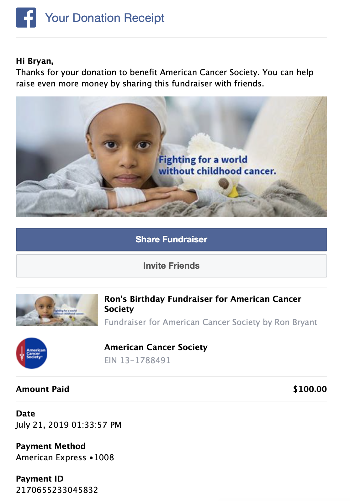Rons BDay Donation American Cancer Society