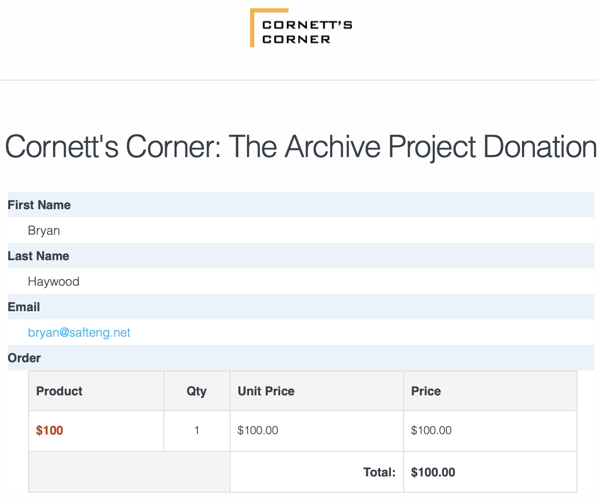 Cornetts Corner Donation