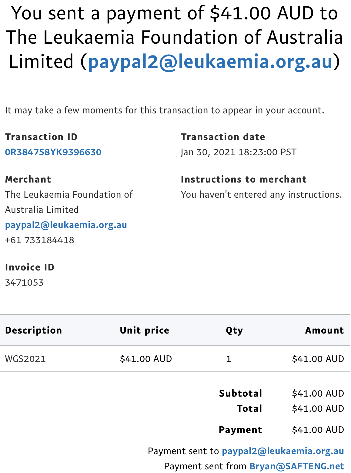 The Leukaemia Foundation of Australia Limited 2021 Donation