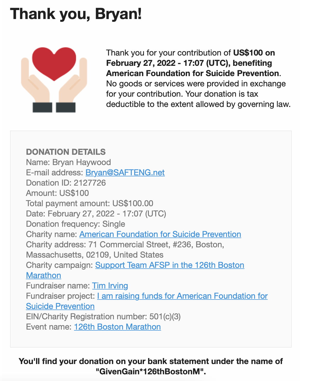 American Foundation for Suicide Prevention 2022 Donation