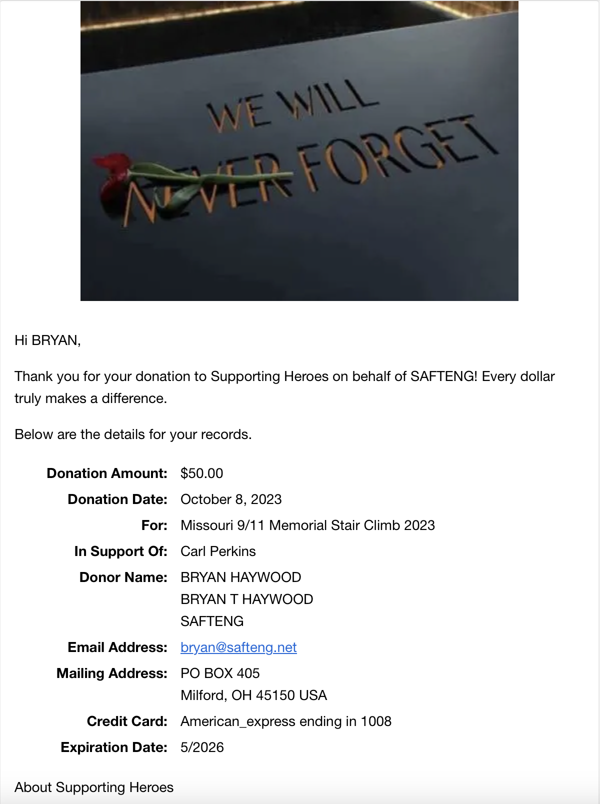 Supporting Heroes Donation