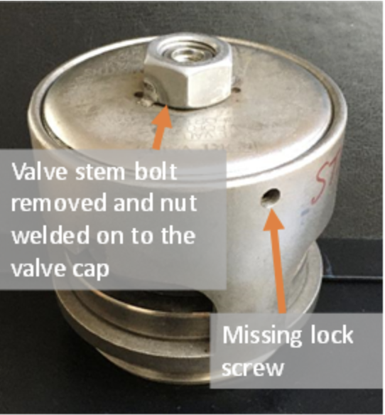 Figure 2 The same type of valve with an unauthorised modification and the locking grub screw missing