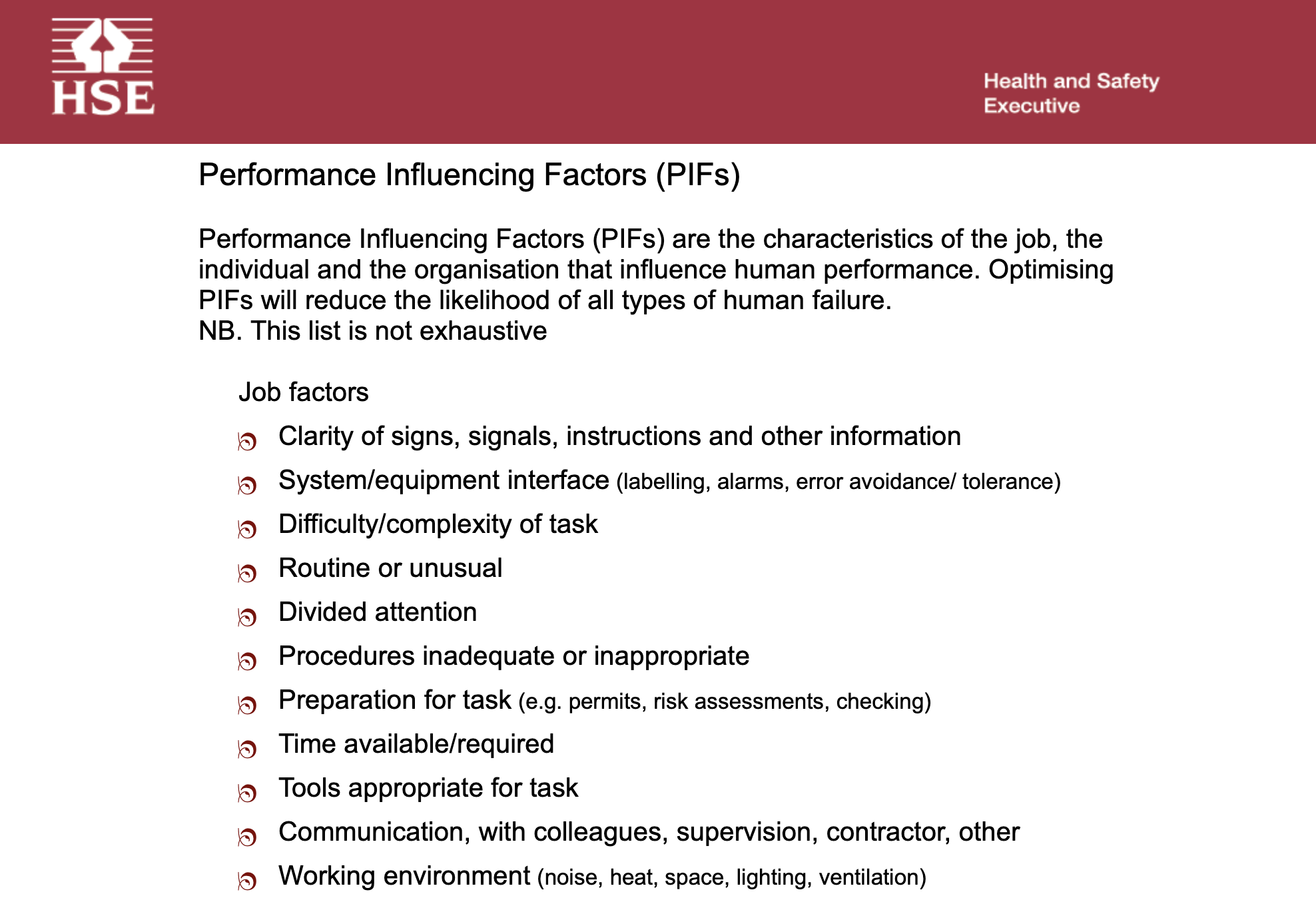 Performance Influencing Factors PIFs