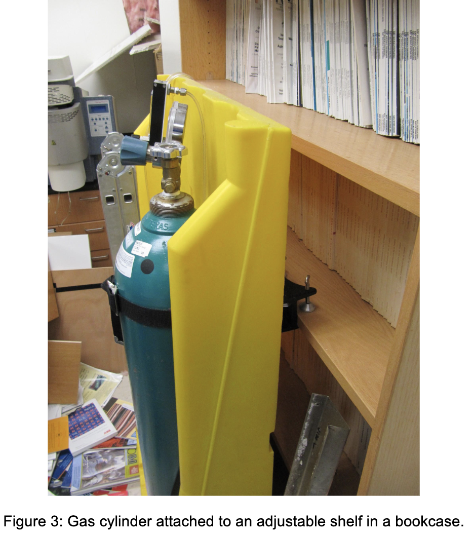 Figure 3 Gas cylinder attached to an adjustable shelf in a bookcase